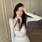 Halter-neck Padded Lace Bralette / Long-sleeve Button-up Crop Top