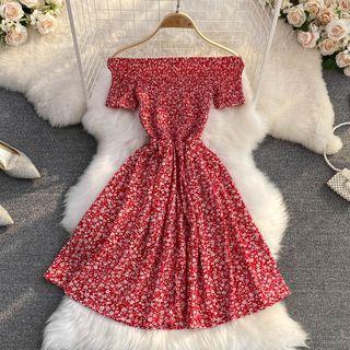 Off Shoulder Floral Smocked A-line Dress
