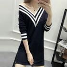 Stripe V-neck Long-sleeve Knit Dress