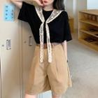 Short-sleeve T-shirt With Lace Shawl / High-waist Wide-leg Shorts