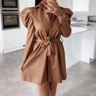 Faux Leather Long Sleeve Midi Shirt Dress