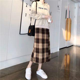 Lettering Drawstring Hoodie / Plaid High Waist Skirt