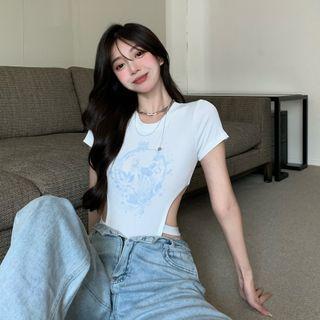 Short-sleeve Cartoon Print Cutout T-shirt White - One Size