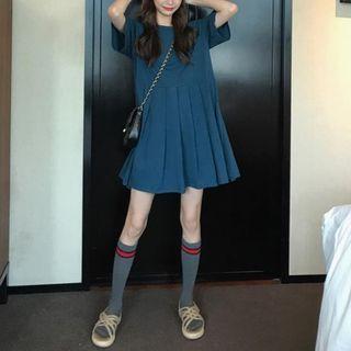 Short-sleeve Pleated Mini A-line Dress Bluish Green - One Size