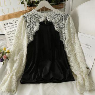 Mock Two-piece Lace-panel Velvet Top Black - One Size