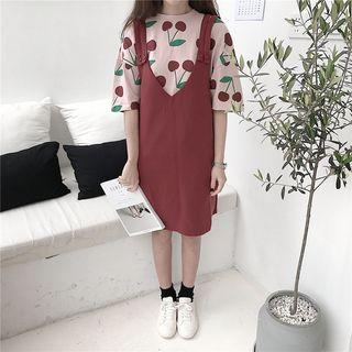 Set: Cherry Print Elbow Sleeve T-shirt + Double Strap Pinafore Dress