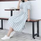Check Short-sleeve Midi A-line Dress Grayish Blue - One Size