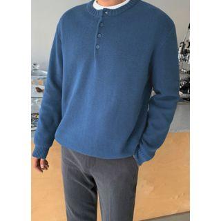Buttoned-neckline Rib-knit Sweater