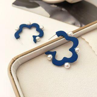 Sterling Silver Faux Pearl Open Flower Hoop Earring 1 Pair - Blue & White - One Size