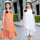 Frilled Linen-blend Sleeveless Dress