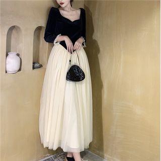 3/4-sleeve Velvet Panel Midi Dress Black - One Size