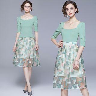 Set: Short-sleeve Knit Top + Embroidered Midi A-line Skirt
