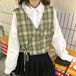 Plain Shirt / Asymmetric Plaid Cropped Wrap Vest
