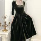 3/4-sleeve Ruffle Midi A-line Dress