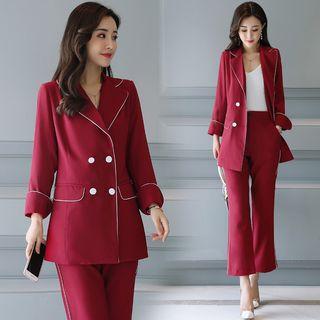 Set: Double-buttoned Contrast Trim Blazer + Boot Cut Pants