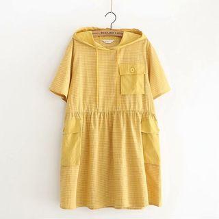 Short-sleeve Pocket Striped Hoodie Dress Yellow - One Size
