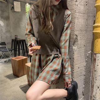 Long-sleeve Plaid Mini Shirtdress / Plain Cropped Knit Vest