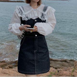 Lace Blouse / Denim Overall Dress