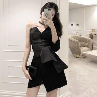 Off-shoulder Sleeveless Tie-waist Dress Black - One Size