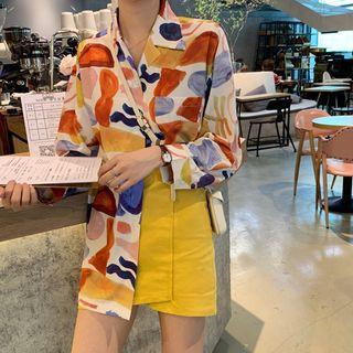 Long-sleeve Printed Shirt / Asymmetric A-line Mini Skirt