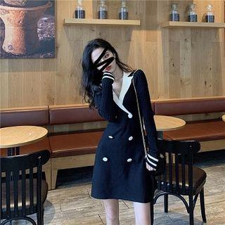 V-neck Double-breasted Ribbed Knit Dress