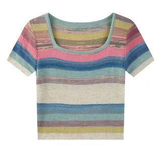 Short-sleeve Color Block Striped Knit Top (various Designs)