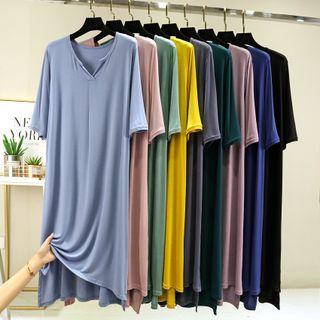Elbow-sleeve V-neck Midi Sleep Dress