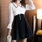 Two-tone Collared Long-sleeve A-line Dress
