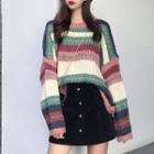 Color Block Knit Top / Corduroy Mini A-line Skirt
