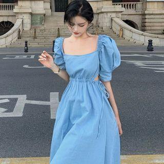 Puff-sleeve Square Neck Cutout-waist Maxi Dress