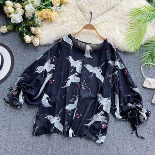 3/4-sleeve Crane Print Chiffon Top Black - One Size