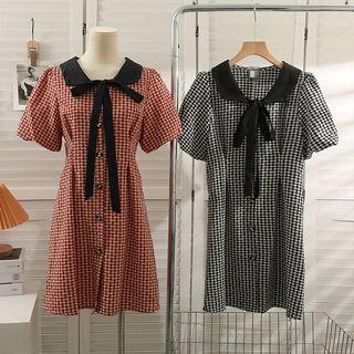 Ribbon-neckline Checkerboard Mini Shirtdress