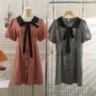 Ribbon-neckline Checkerboard Mini Shirtdress