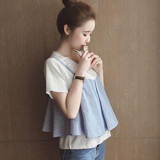 Mock Two Piece Striped Panel Short Sleeve T-shirt