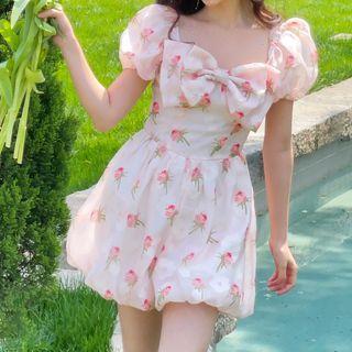 Puff-sleeve Floral Print Mini Dress / Romper