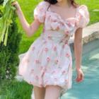Puff-sleeve Floral Print Mini Dress / Romper
