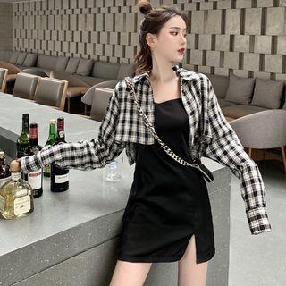 Checked Cropped Shirt / Side-slit Spaghetti Strap Mini A-line Dress