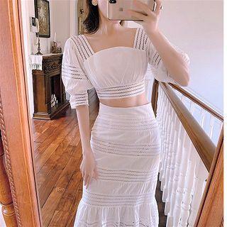 Set: Puff-sleeve Crop Top + Midi Mermaid Skirt