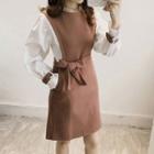 Mock Two Piece Tie Waist Long Sleeve Mini Dress