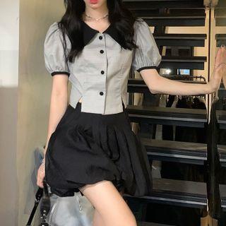 Puff-sleeve Peter Pan Collar Cropped Shirt / High-waist Bubble Mini Skirt