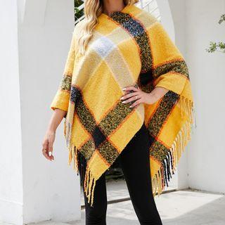Checked Crew-neck Knit Cape
