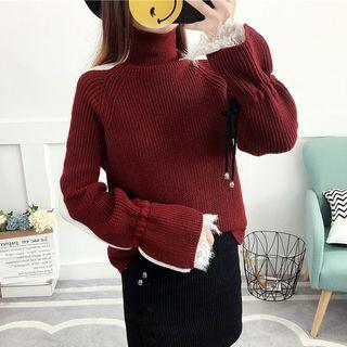 Lace Cuff High Neck Sweater