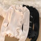Ribbon Lettuce Edge Asymmetrical Knit Top