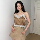 Sleeveless Lace-trim Satin Crop Top