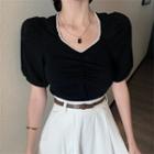 Puff-sleeve Pearl Trim Plain Top