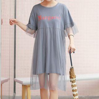 Short-sleeve Mesh Overlay Letter Dress Grayish Purple - One Size
