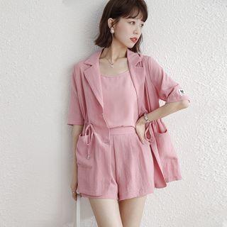 Set: Short Sleeve Drawstring Waist Blazer + Plain Camisole + Shorts