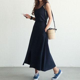 Set: Sleeveless Linen Blend Top + Maxi A-line Skirt