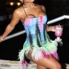 Spaghetti Strap Tie Dye Fringed Hem Mini Sheath Dress