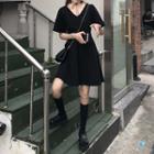 Plain Short-sleeve A-line Dress Black - One Size